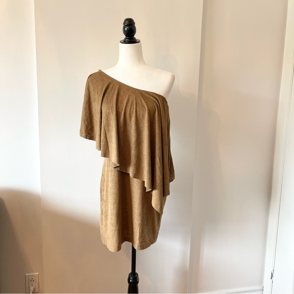 ASOS brown suede look tunic long shirt asymmetrical eyelet mini dress